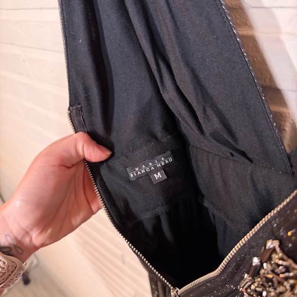 Black Metallic Silver Rhinestone Waist Band Silk Gown, Women’s Size Medium - Picture 9 of 11